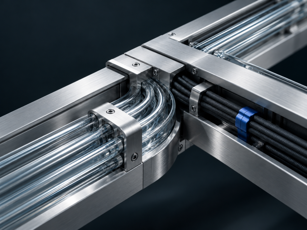 Brushed aluminum modules with layered glass conduits and precisely routed network cables.