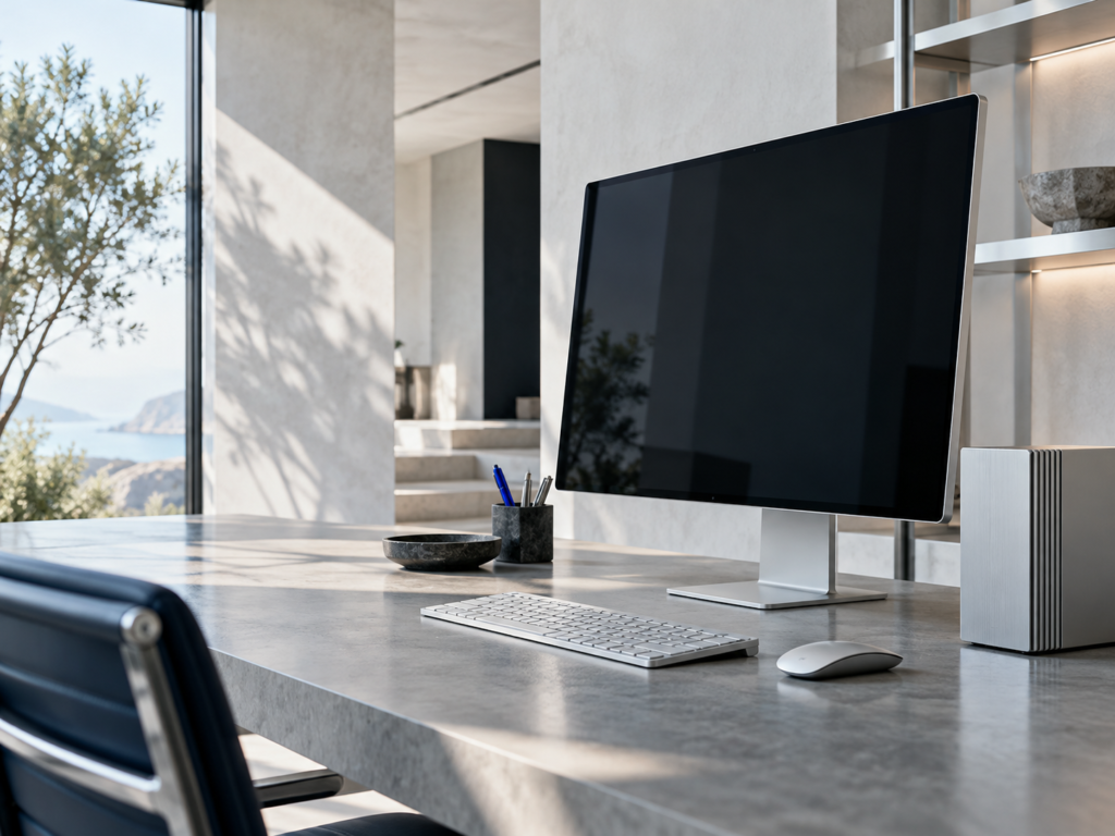 A carefully organized workstation in a bright contemporary architectural interior.